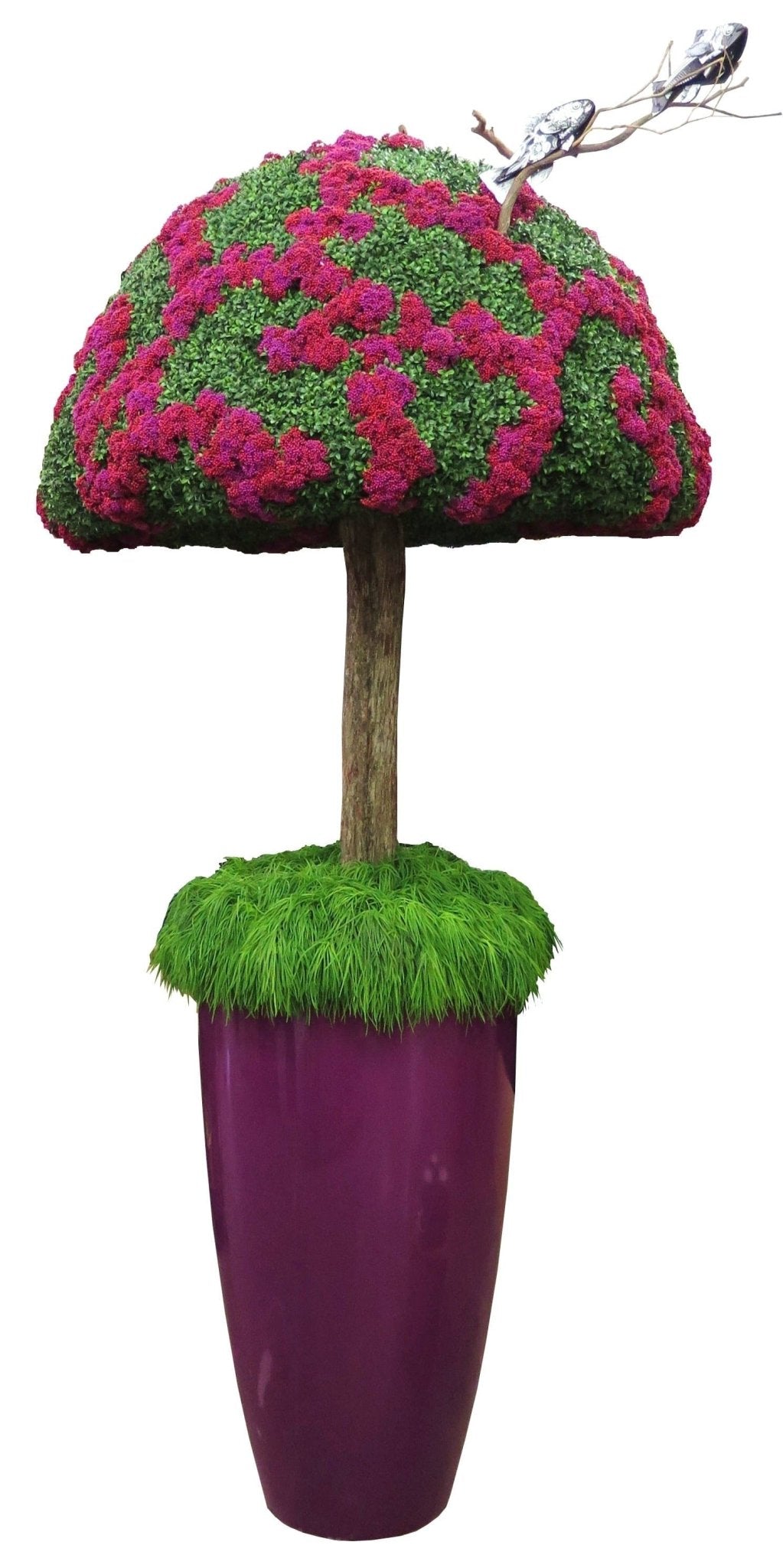 Sedum Clusters and Boxwood Whimsical Canopy on Wetland Trunk in Planter - LDF SilkStatue