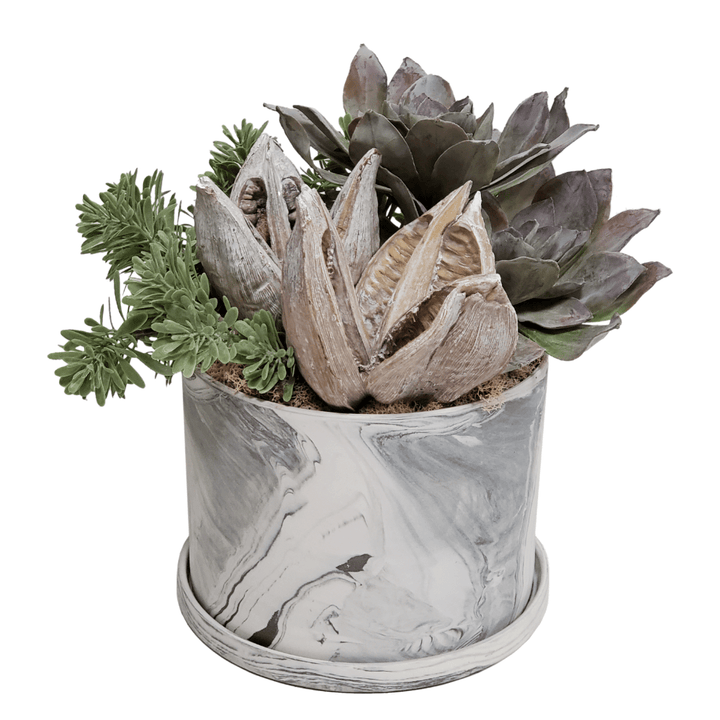 Succulent with Sedum and Dried Sora Pods in Ceramic 13"H - LDF Silk