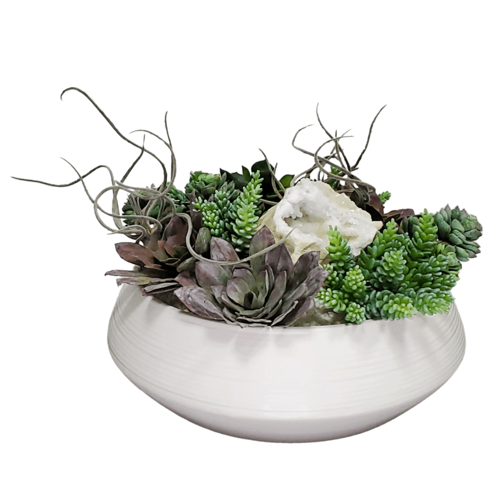 Succulents and Tillandsia with Geode and Pebbles in Ceramic 12"H - LDF Silk