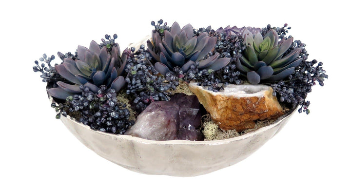 Succulents with Amethyst and Geodes in Bowl - LDF Silksucculents