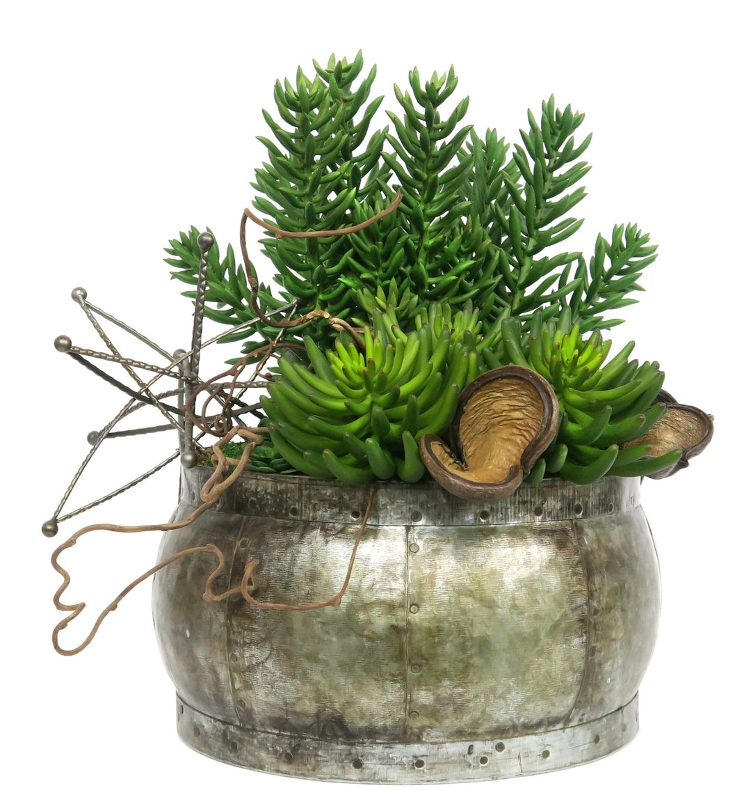 Succulents with Badam Pods and Metal Star in Barrel - LDF SilkSucculent