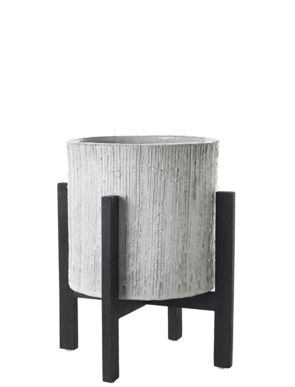 White Ribbed Round Ceramic Planter on Wood Stand - LDF Silkcontainers