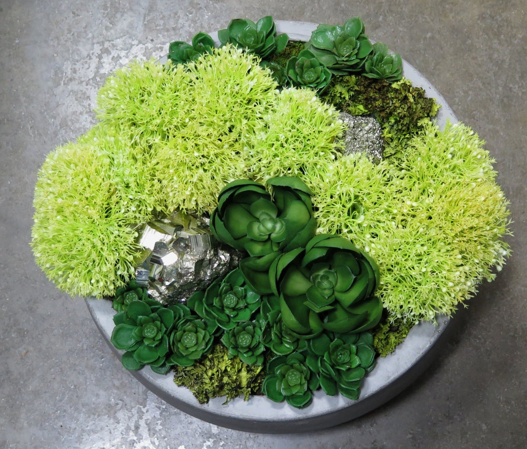 Yarrow with Succulents and Pyrite Stones in Bowl - LDF Silksucculents