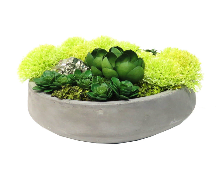 Yarrow with Succulents and Pyrite Stones in Bowl - LDF Silksucculents